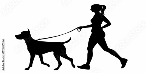 Silhouette of woman walking her dog creates sense of freedom and outdoor lifestyle with vector art