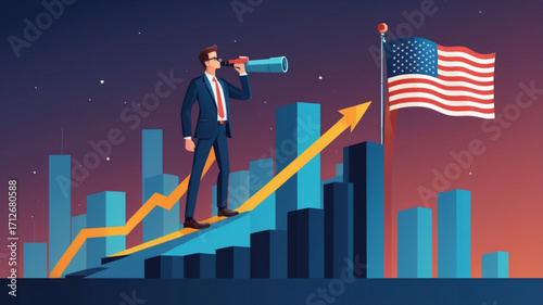 Businessman standing atop a rising graph chart, holding the American flag while looking through a telescope. Symbolizes vision, growth, analyzing and future success in the U.S. economy
