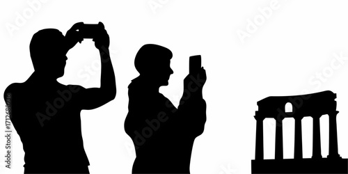 Capturing history together silhouette of tourists taking photos of ancient building ruins on mobile devices