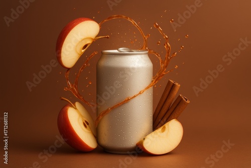 Wallpaper Mural Mockup of soda can with apple slices, cinnamon sticks, and splash effect, realistic style, on brown background. Concept of beverage design. Ai generative Torontodigital.ca