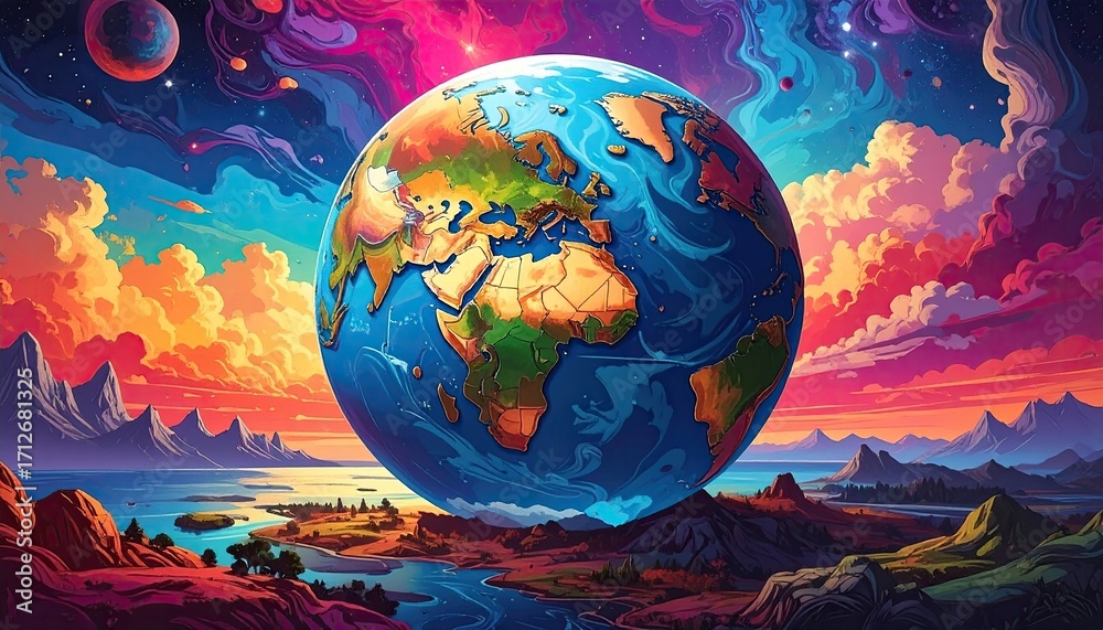 Naklejka premium Pixelated Earth Globe Floating Above Landscape with Colorful Sky and Reflections on Water