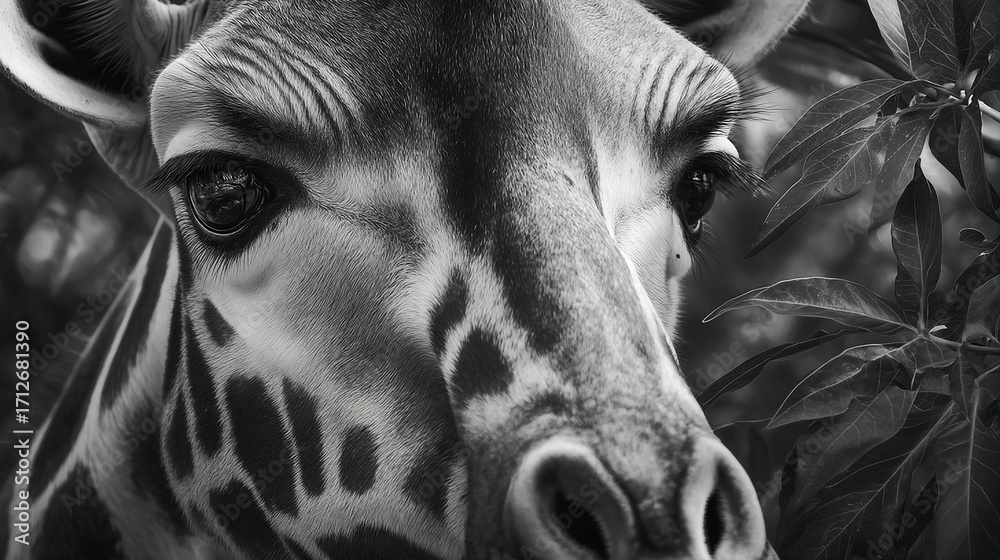 Naklejka premium a striking black and white close-up captures the gentle, inquisitive gaze of a young giraffe framed by lush foliage.