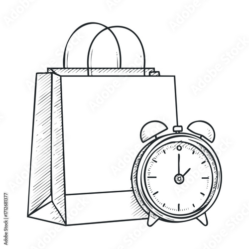 Shopping bag with alarm clock signaling urgency for quick purchases. Vector hand drawn illustration