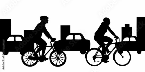 Silhouette of city commuters biking through urban streets sharing space with car traffic