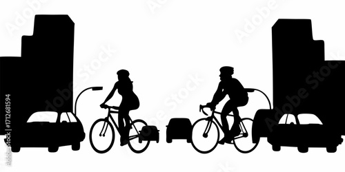 City commute showing cyclists riding bikes among cars in urban area, promoting eco-friendly transport