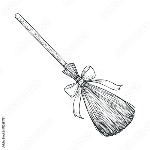 Broom with bow for home cleaning and decoration ideas. Vector hand drawn illustration
