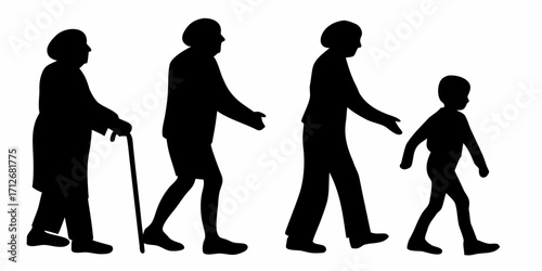Family evolution silhouette showing different life stages from child, adult, and senior generations