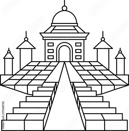 Mosaic Rooftop Path Coloring Page, Geometric Urban Pattern Illustration