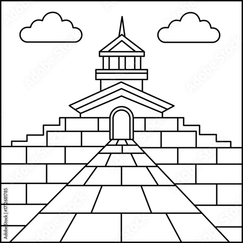 Mosaic Rooftop Path Coloring Page, Decorative Urban Architecture Illustration