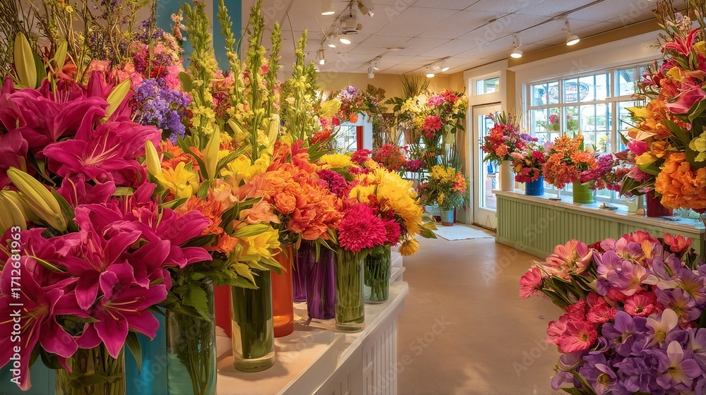Obraz premium a vibrant display of colorful floral arrangements lines the aisles of a bright and welcoming flower shop.