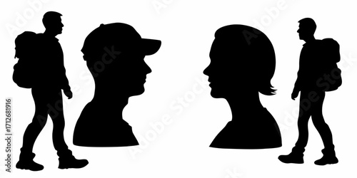 Silhouette of a couple and hikers symbolizing adventure travel and outdoor lifestyle, love and connection