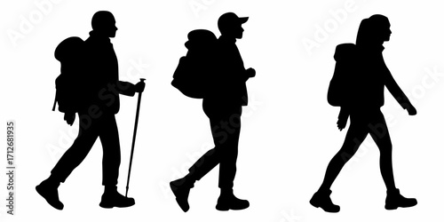 Hiking adventures await with these intrepid travelers ready to explore the great outdoors, vector silhouettes