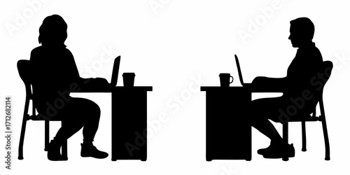Silhouetted professionals focused on laptops at desks, modern remote work concept, coffee break included