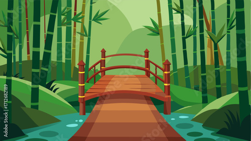 A small wooden bridge spans over a small creek leading visitors deeper into the dense bamboo grove and its natural splendor.