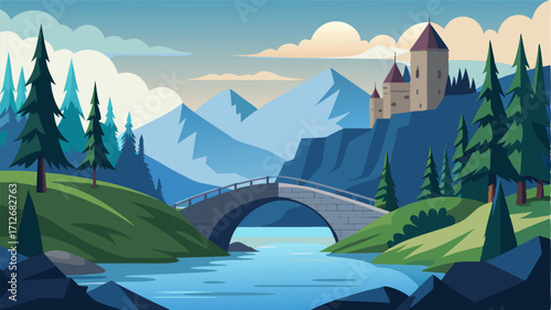 A picturesque stone bridge crossing a tranquil lake with towering pines and a majestic castle in the distance.