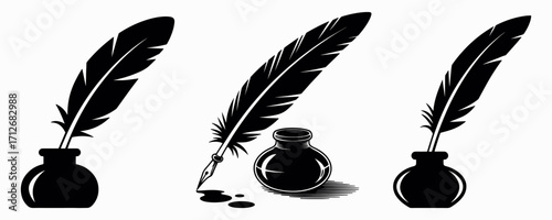 Classic quill pen and ink bottle vector illustration – vintage writing tool, antique calligraphy design, retro literature, poetry, manuscript and education theme