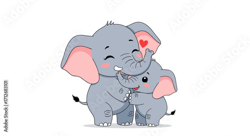 Cute cartoon elephants mother and baby hugging with love.
