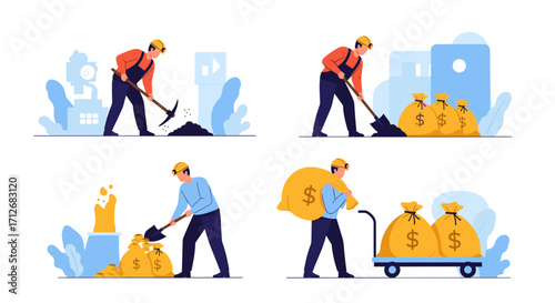 Man Digging for Gold and Transporting Money Bags.