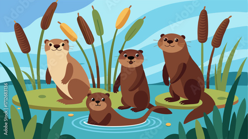 A group of playful otters frolicking in the shallow waters surrounded by towering cattails and other aquatic plants in the wetlands.
