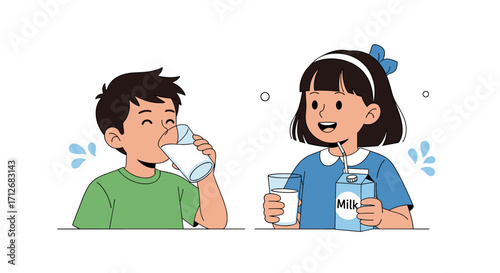 Children drinking milk healthy lifestyle beverage.