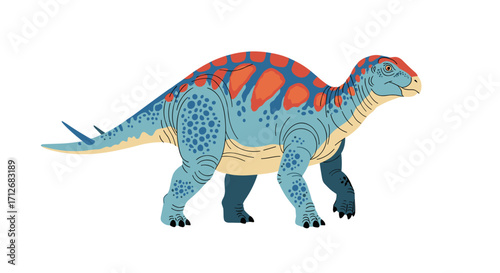 Illustration of a colorful dinosaur on a white background.