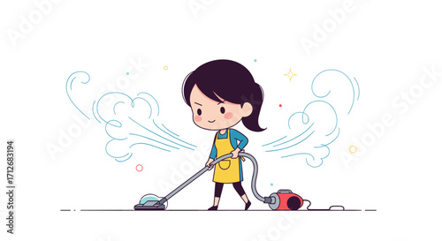 Young girl vacuuming the floor with a vacuum cleaner.