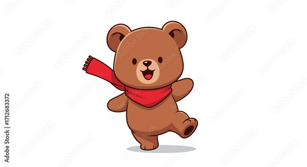 Obraz premium Cute cartoon teddy bear wearing a red scarf dancing happily.