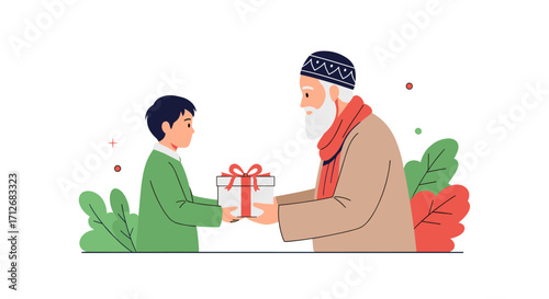 A young boy gives a gift to an elderly man.