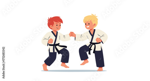Two young boys practicing martial arts in a dojo.