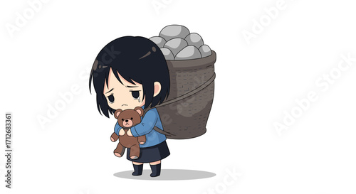 Sad little girl carrying heavy load and teddy bear.