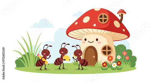 Cute cartoon ants near a whimsical mushroom house in a garden setting.