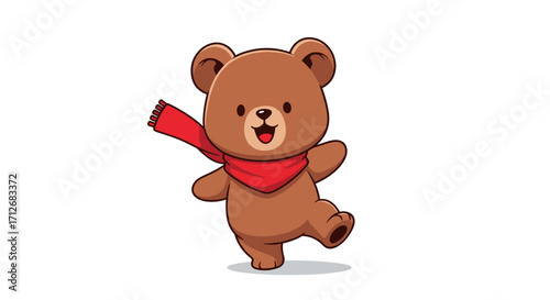 Cute cartoon teddy bear wearing a red scarf dancing happily.