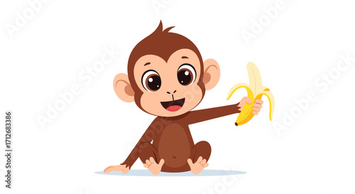 Cute baby monkey holding a banana.