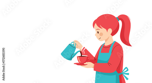 Woman pouring coffee into a cup wearing an apron.