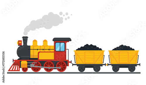 Classic steam locomotive pulling coal cars animated style transport power vintage train transportation freight journey isolated on white background