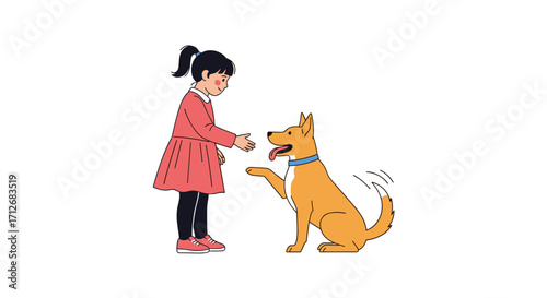 A young girl is giving a treat to her dog who is sitting and raising its paw.