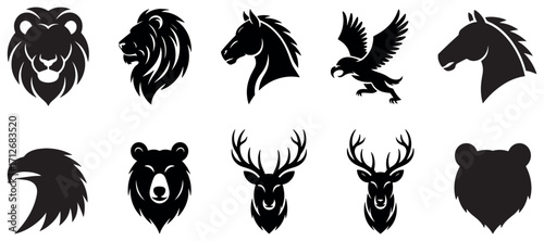 Wild animal head silhouette vector set – lion, bear, deer, eagle, horse, wolf and owl icons for wildlife, mascot, hunting, adventure and nature inspired designs