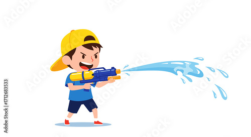 Boy happily shooting water gun with water splashing out.