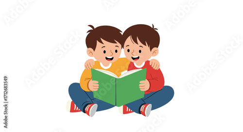 Two boys reading a book together.