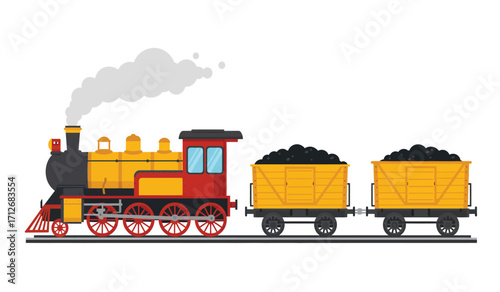 Vintage steam locomotive pulling coal wagons on railway tracks with smoke emitting from chimney detailed retro transportation scene isolated on white background