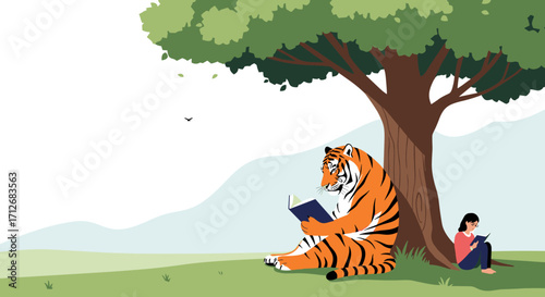 Tiger and girl reading books under a tree in a peaceful landscape.