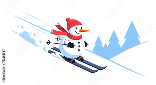 Snowman skiing down a snowy slope with trees.