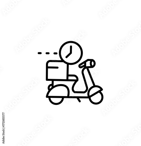 Vector icon of a fast delivery scooter with a clock, symbolizing on-time shipping and express courier service for online orders. Minimalist line art graphic