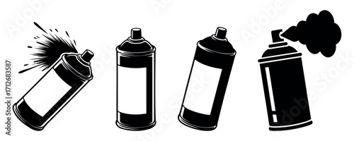 Aerosol spray paint can vector set – graffiti style design element, art supplies, painting tool, urban street art creativity, black silhouette icons