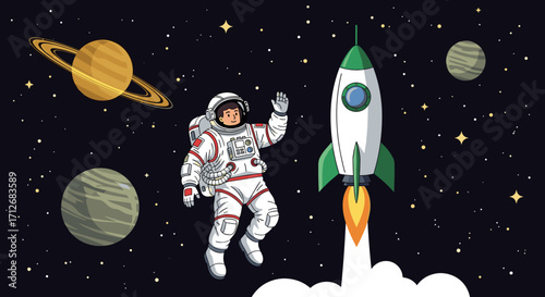Astronaut floating in space next to a rocket ship with planets and stars.