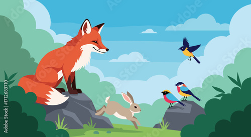 A cunning fox observes a rabbit and birds in a lush forest setting.