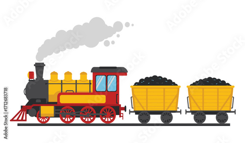 Vintage steam train with coal cars detailed graphic representation transporting cargo across rails isolated on white background