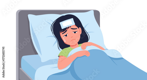 Sick young woman lying in bed with fever reducing patch.