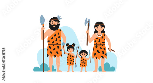 Caveman family with spears and axes illustration.
