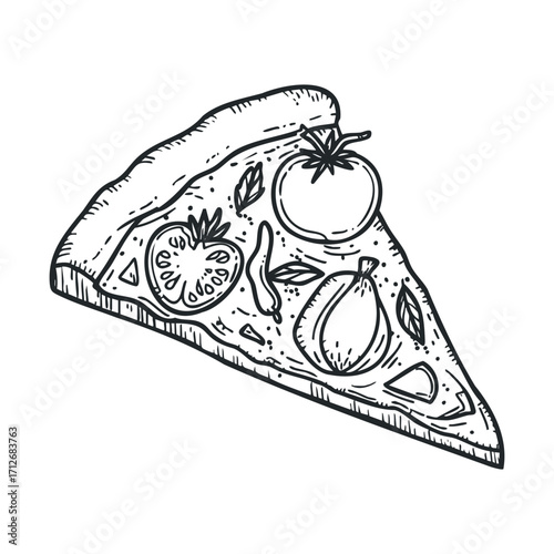 Delightful pizza slice with fresh ingredients and toppings. Vector hand drawn illustration